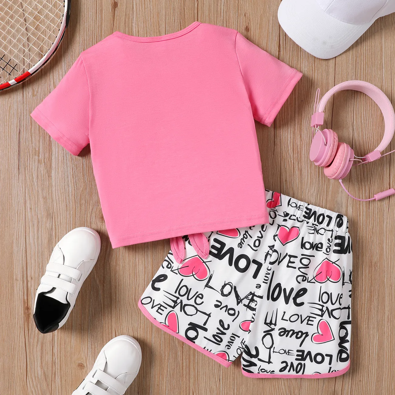 2pcs Kid Girl Letter Print Short-sleeve Tee and Shorts Set Pink big image 1