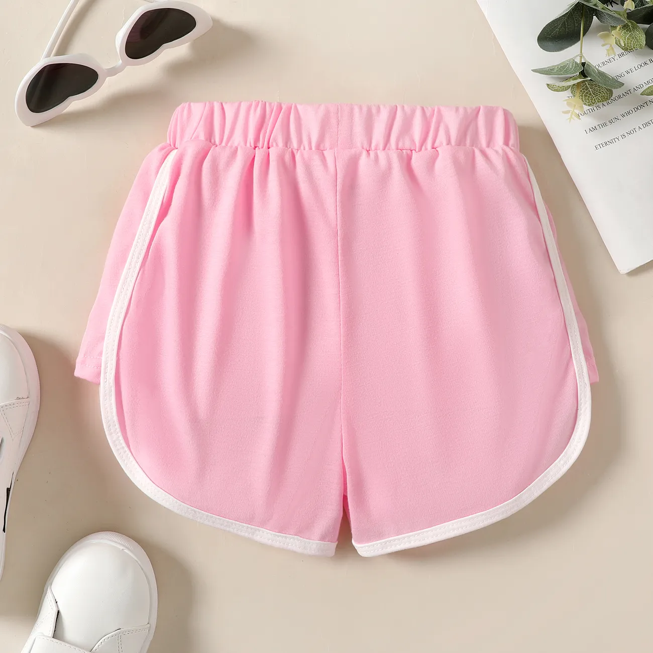 pantalones cortos elásticos con bloques de color para niña Rosado big image 1