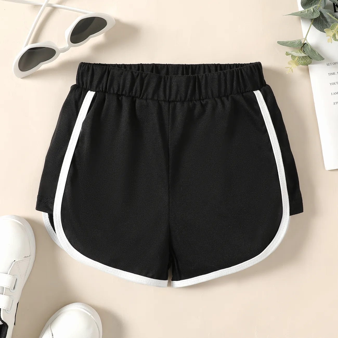 pantalones cortos elásticos con bloques de color para niña Negro big image 1