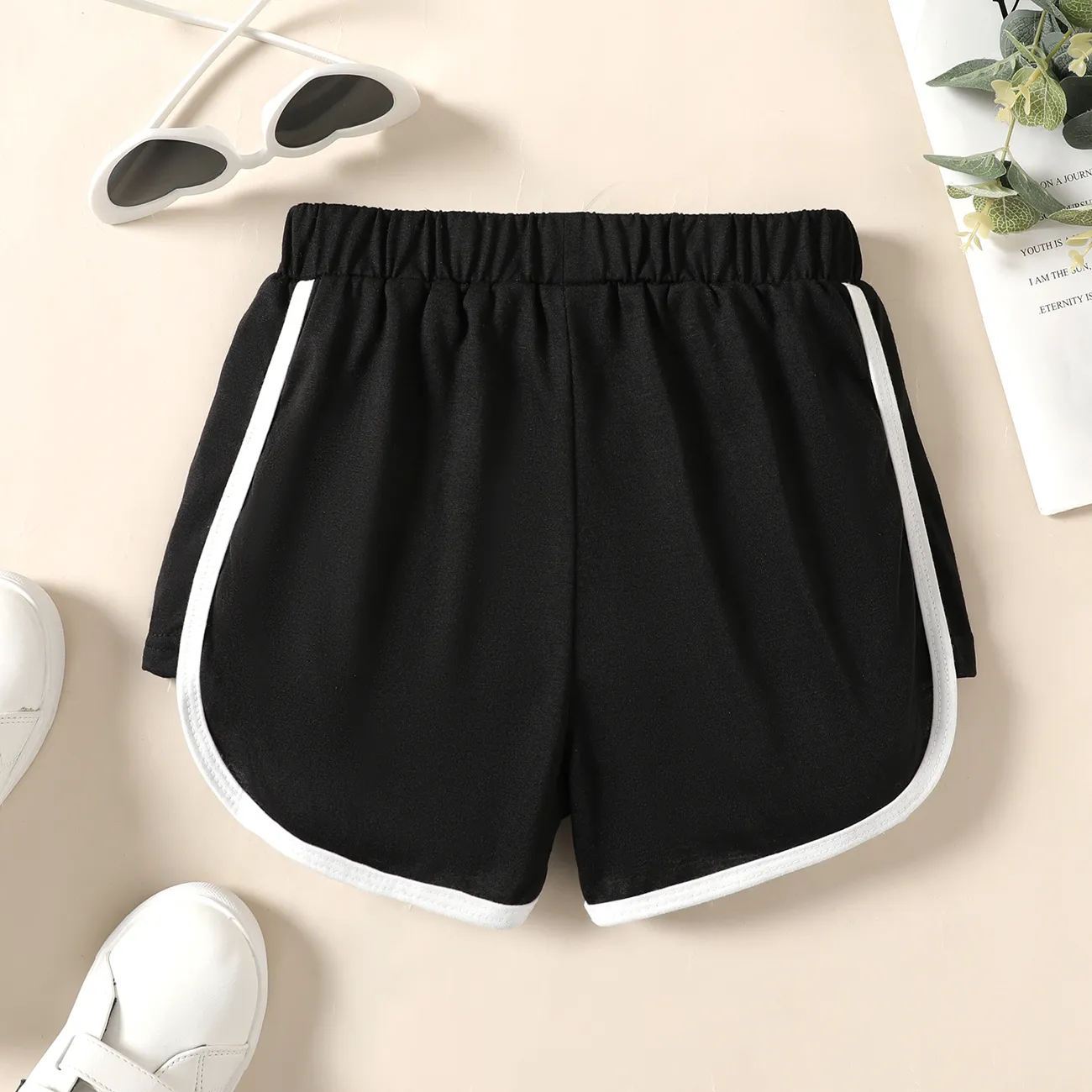 pantalones cortos elásticos con bloques de color para niña Negro big image 1
