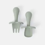 2Pcs Silicone Baby Feeding Set Includes Spoons & Forks Infant Newborn Utensil Set for Self-Training Bluish Grey
