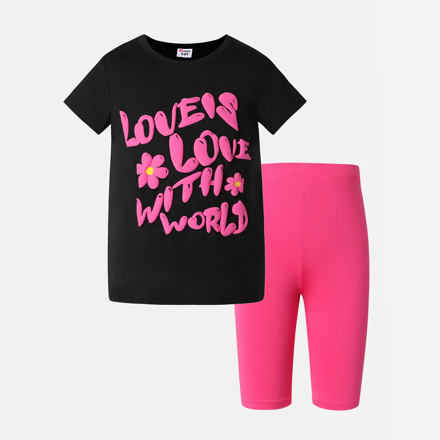 2pcs Kid Girl 3D Letter Graphic Short-sleeve Tee and Elasticized Shorts Set Black big image 1