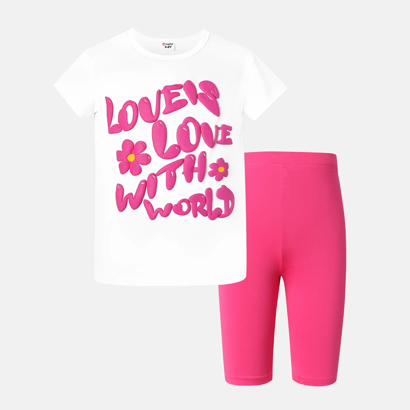 2pcs Kid Girl 3D Letter Graphic Short-sleeve Tee and Elasticized Shorts Set White