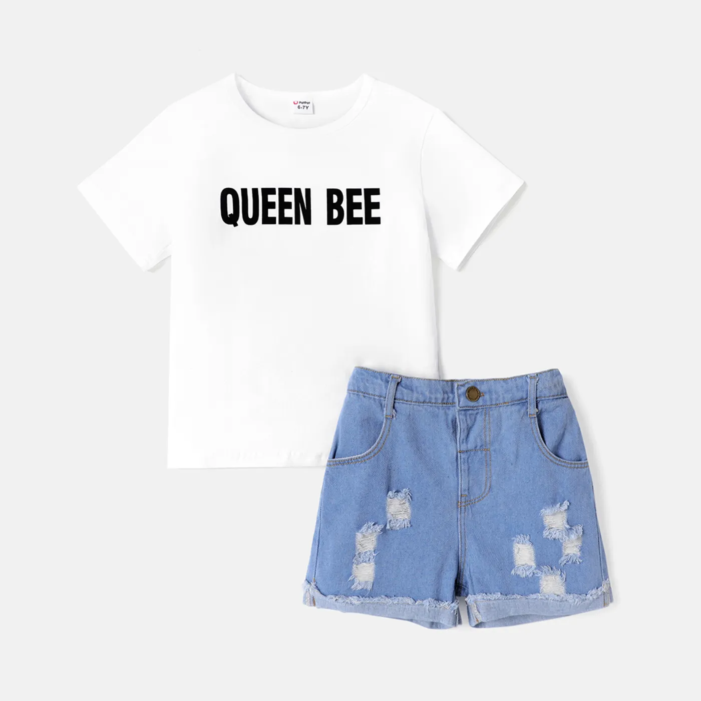2pcs Kid Girl Letter Print Short-sleeve Tee and Ripped Denim Shorts Set