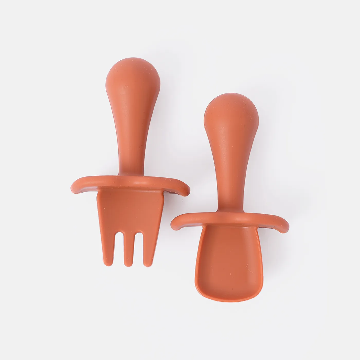 2Pcs Silicone Baby Feeding Set Includes Spoons & Forks Infant Newborn Utensil Set for Self-Training Cameo brown