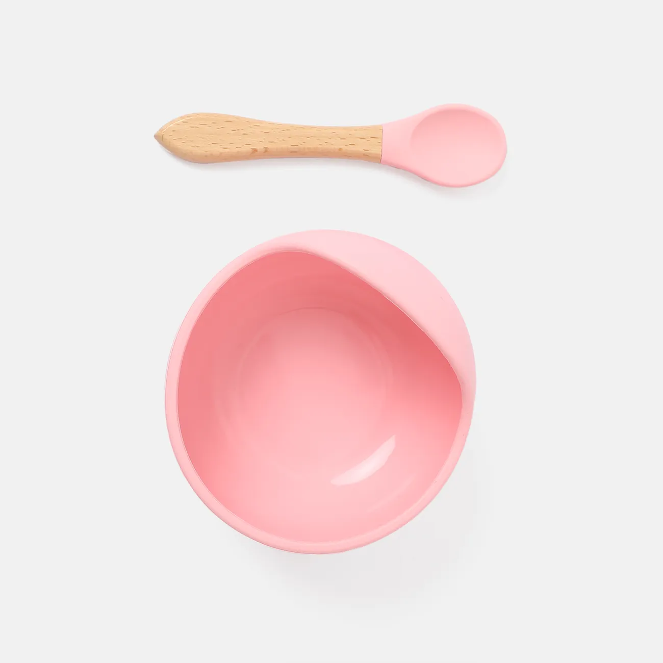 2Pcs Baby Silicone Suction Bowl and Spoon with Wood Handle Baby Toddler Tableware Dishes Self-Feeding Utensils Set for Self-Training Light Pink big image 1