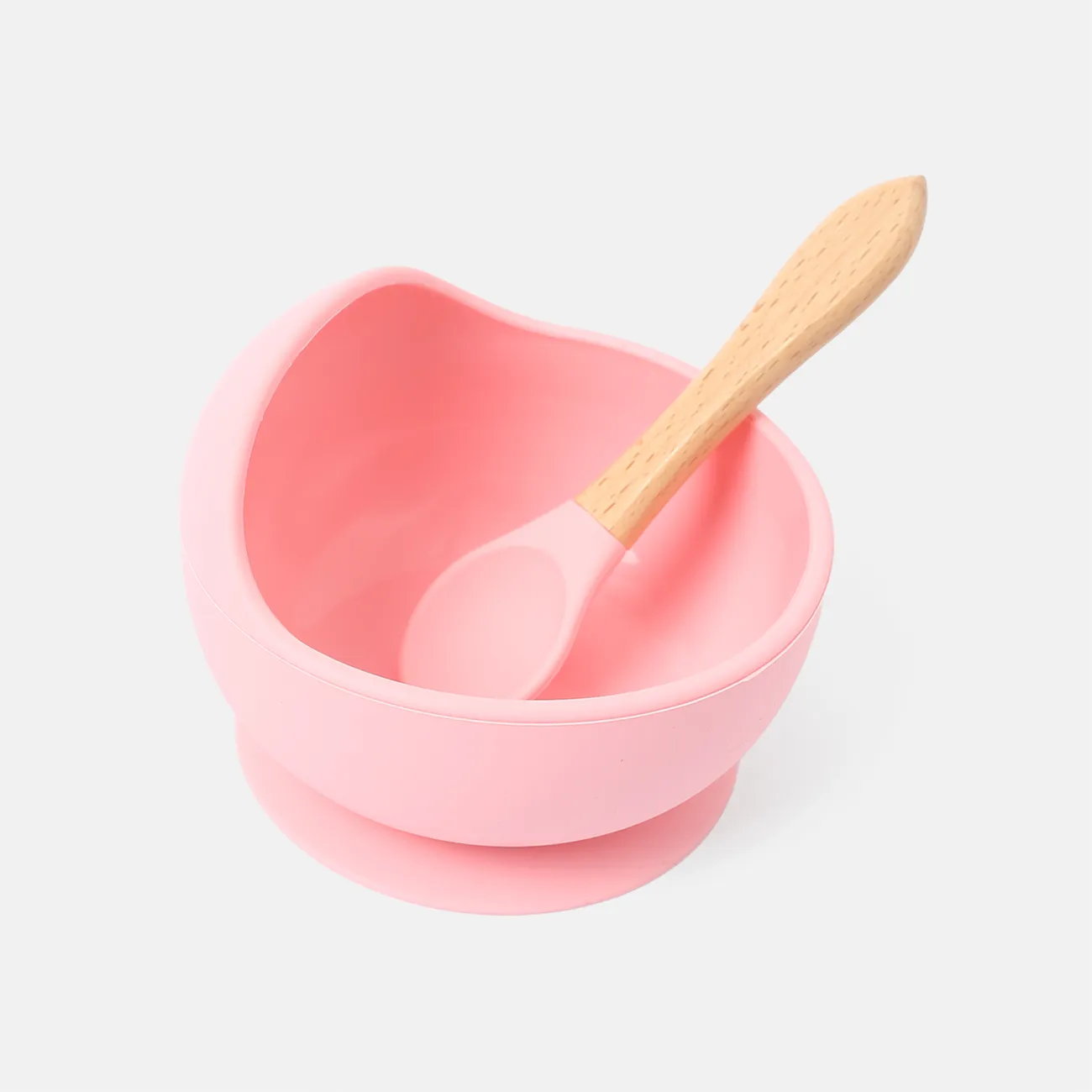 2Pcs Baby Silicone Suction Bowl and Spoon with Wood Handle Baby Toddler Tableware Dishes Self-Feeding Utensils Set for Self-Training Light Pink big image 1