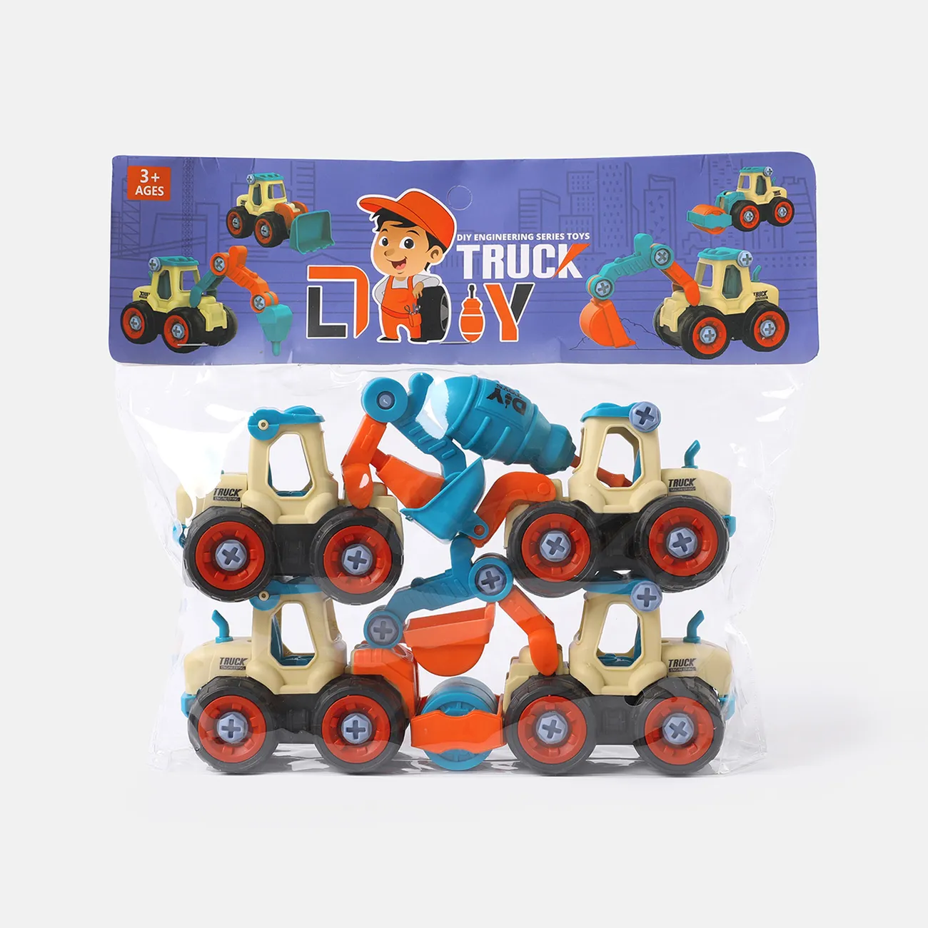 Paquete de 4 vehículos de ingeniería, camiones de juguete, juego de construcción de vástago de coche, vehículo de ingeniería educativa, juguetes de coche Multicolor big image 1