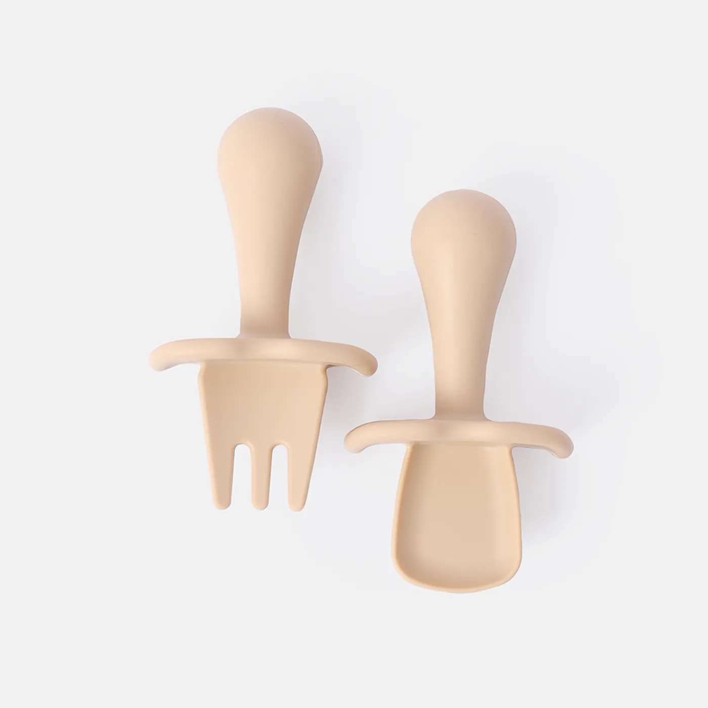 2Pcs Silicone Baby Feeding Set Includes Spoons & Forks Infant Newborn Utensil Set for Self-Training Beige
