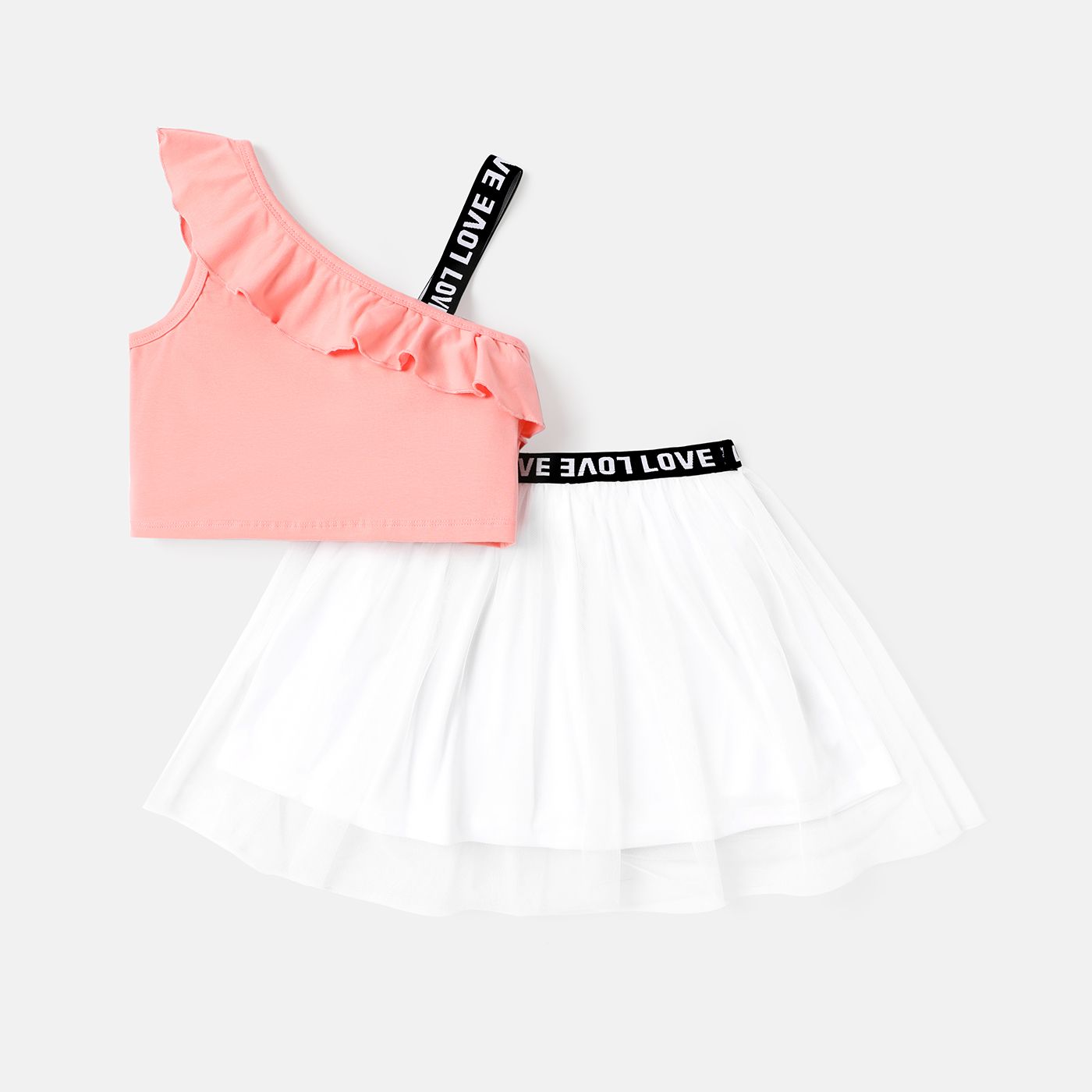 

2pcs Kid Girl Flounce One Shoulder Camisole and Webbing Design Mesh Skirt Set