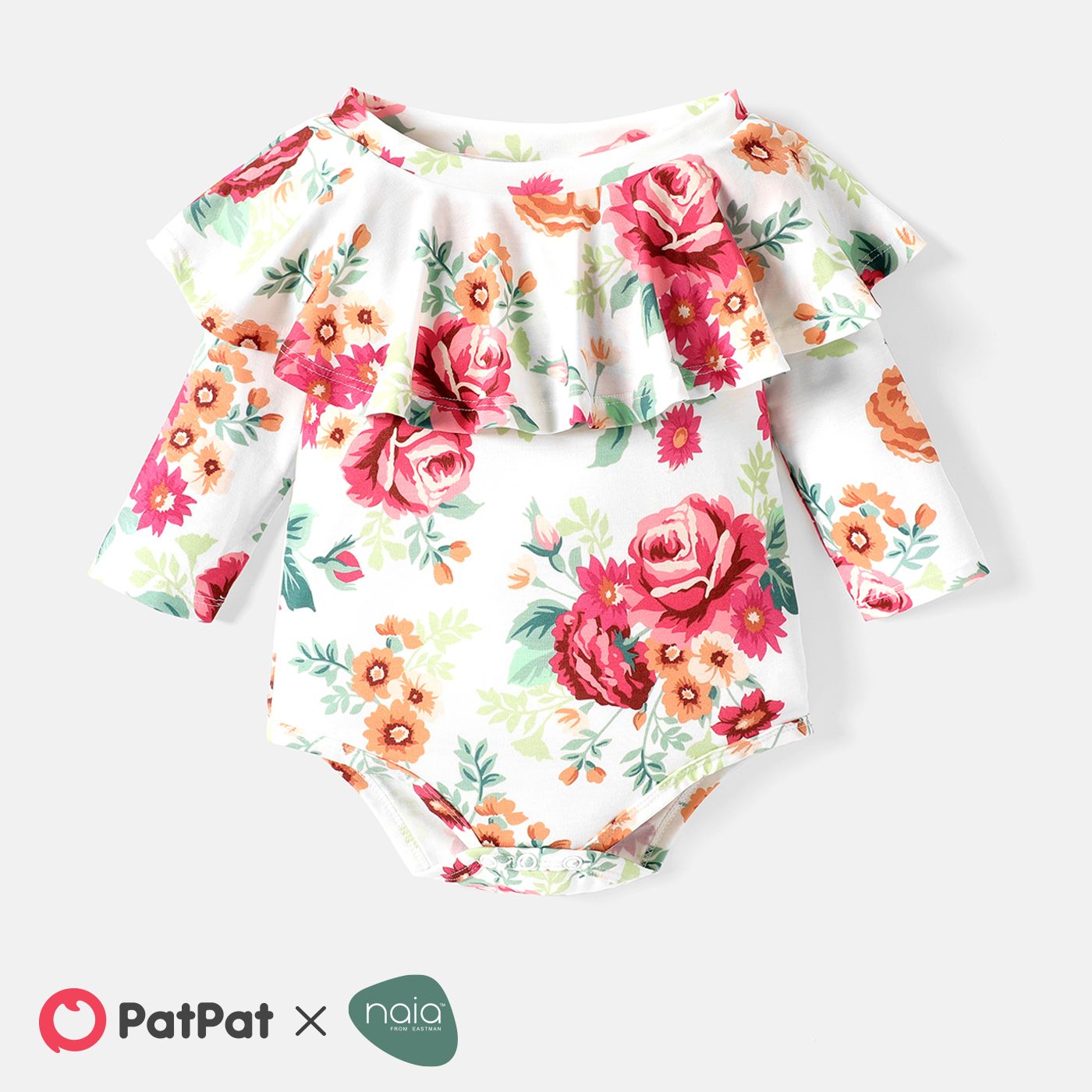 

Baby Girl Allover Floral Print Ruffle Collar Long-sleeve Naia™ Romper