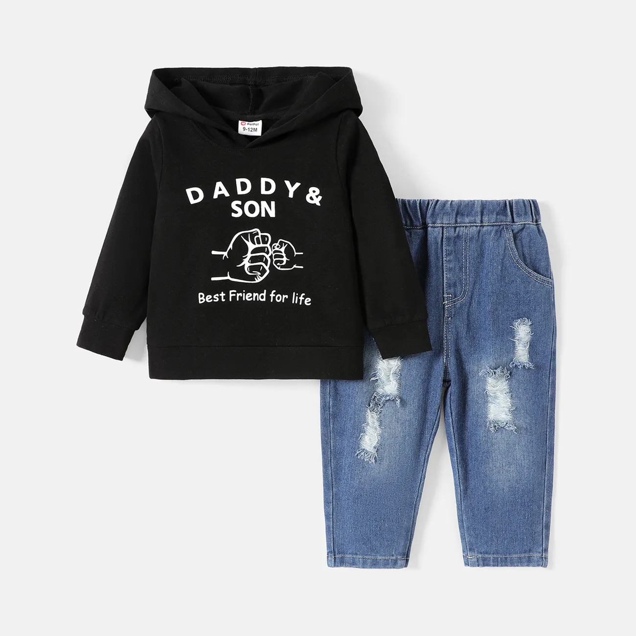 2pcs Baby Boy Cotton Long-sleeve Letter Graphic Hoodie & Ripped Denim Jeans Set Black big image 1
