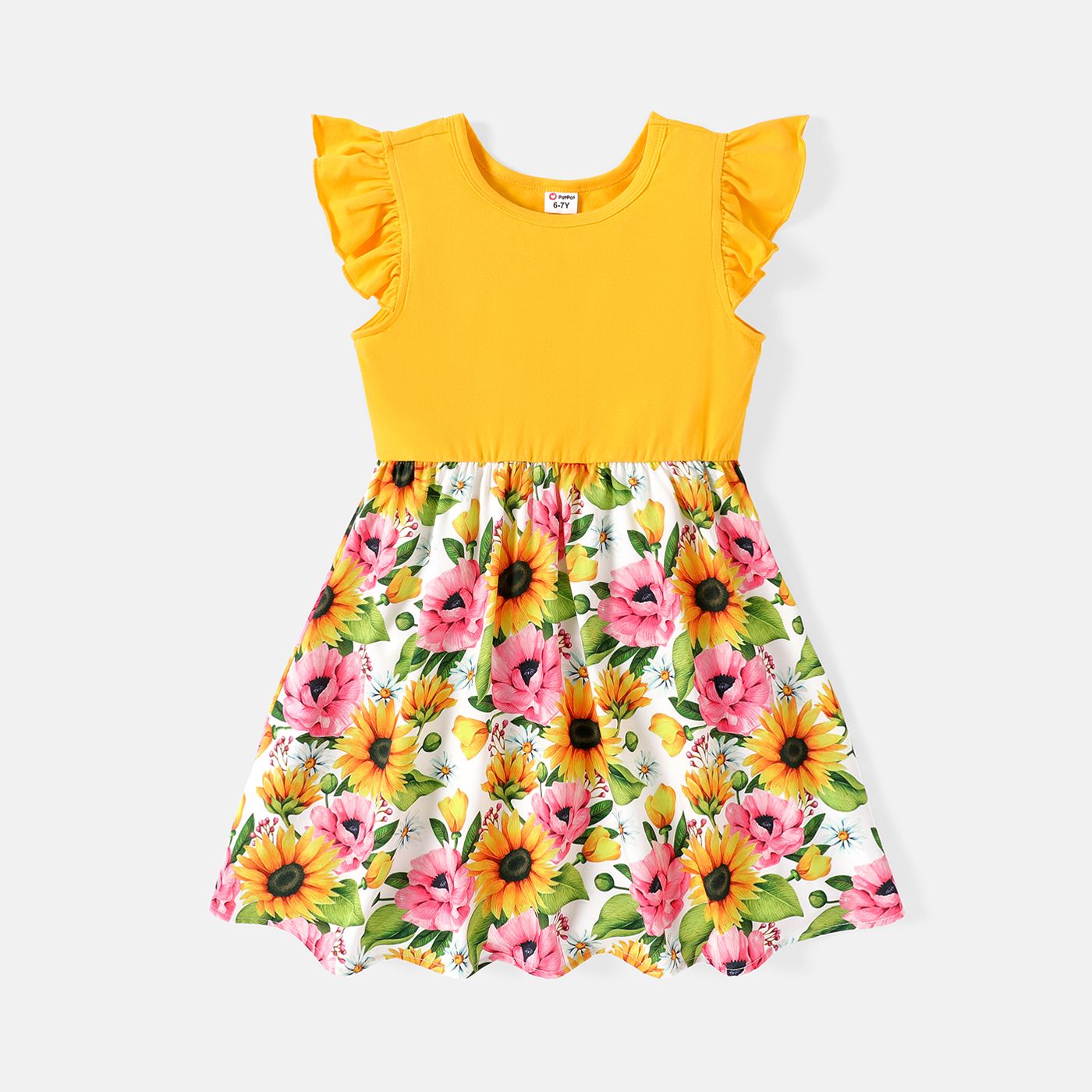 Kid Girl Floral Print Splice Flutter-sleeve Dress