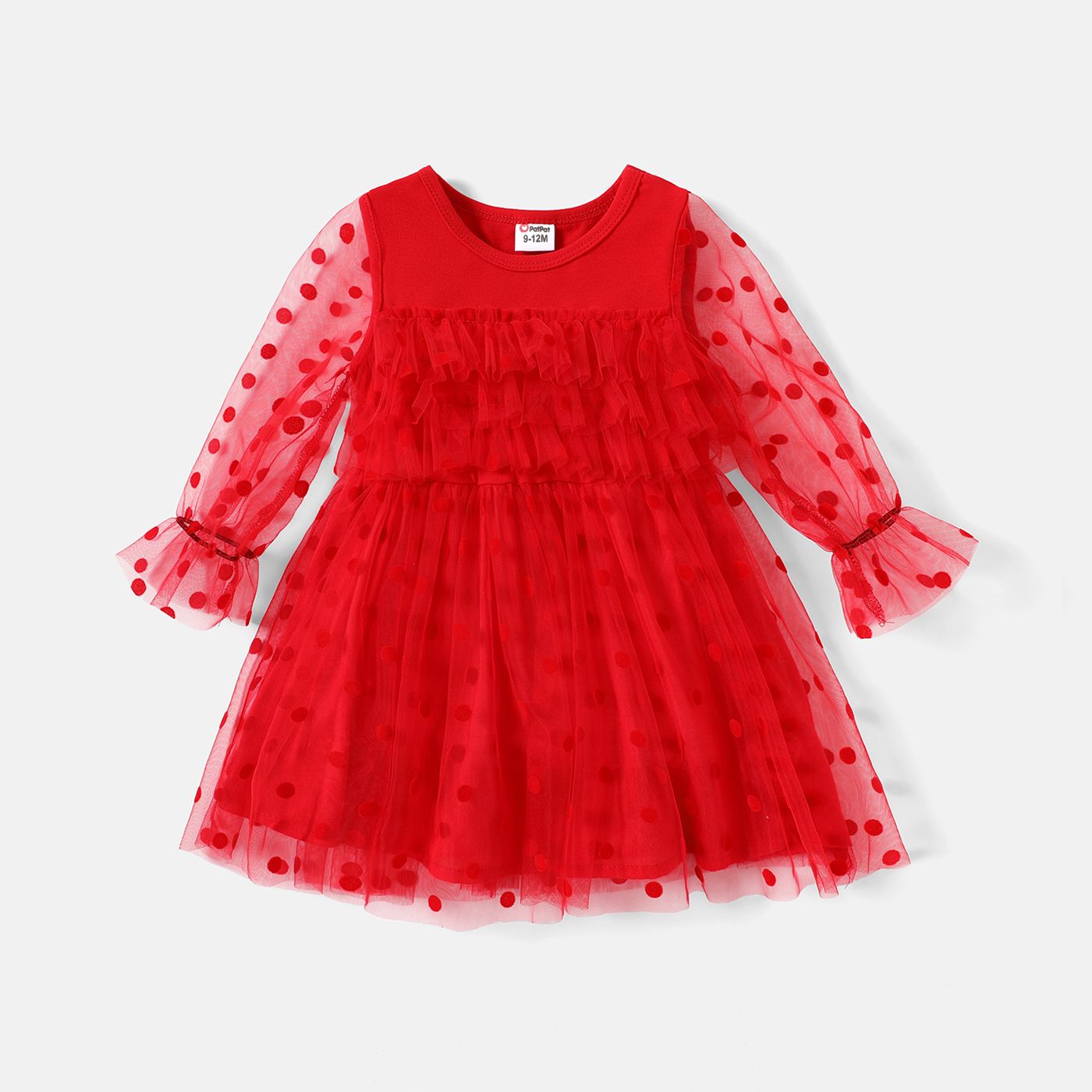

Baby Girl Solid Layered Ruffle Trim Polka Dots Mesh Long-sleeve Dress