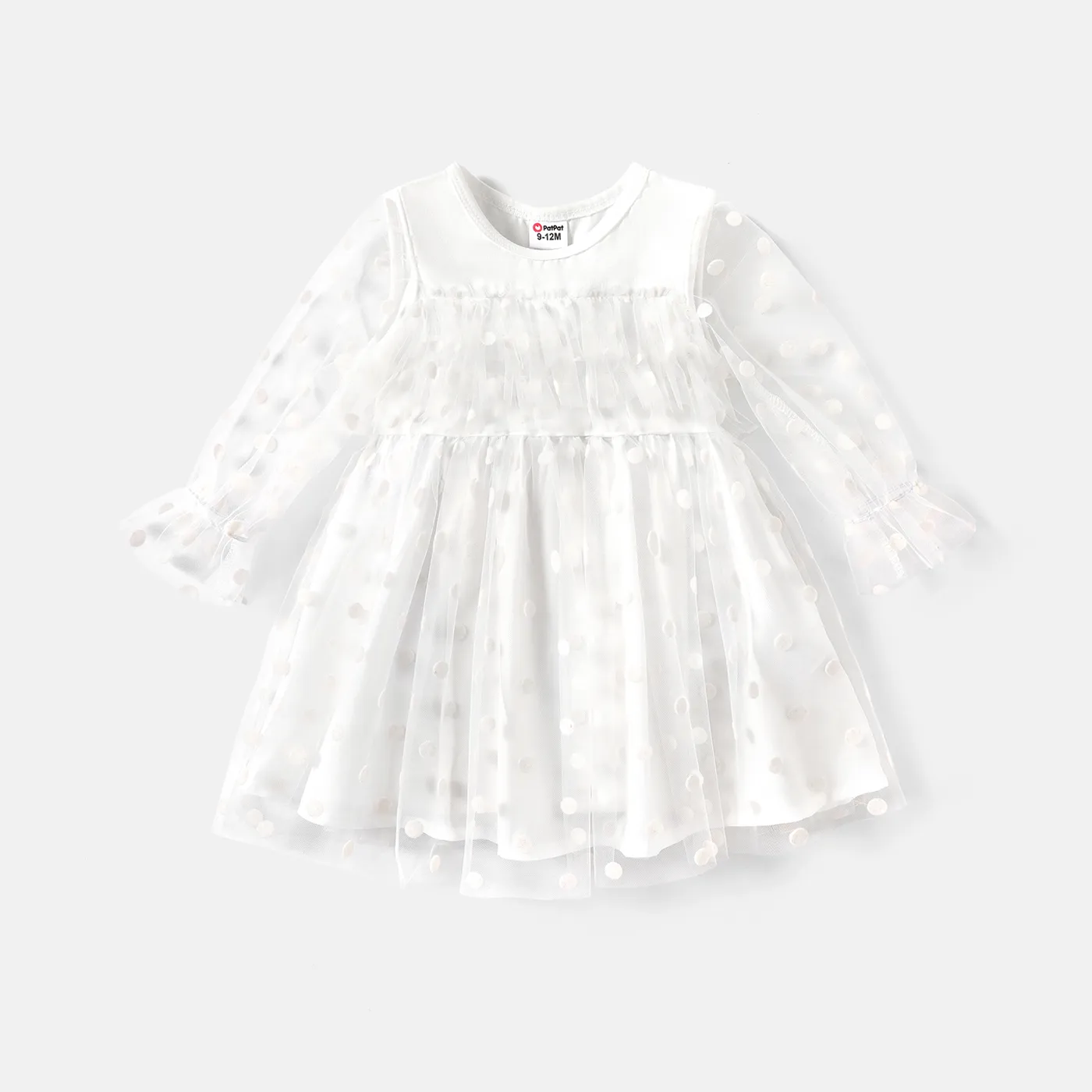 Baby Girl Solid Layered Ruffle Trim Polka Dots Mesh Long-sleeve Dress