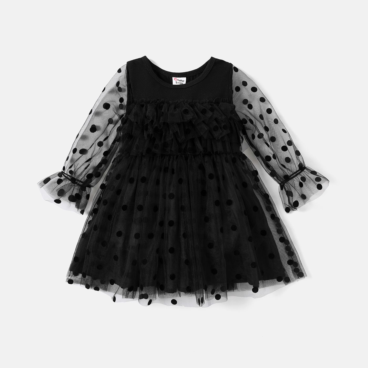 

Baby Girl Solid Layered Ruffle Trim Polka Dots Mesh Long-sleeve Dress