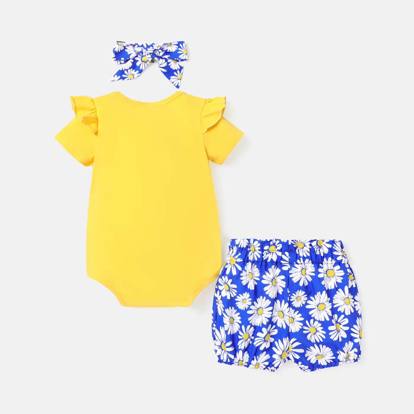 3pcs Baby Girl Cotton Short-sleeve Letter Graphic Romper and Allover Daisy Floral Print Bloomer Shorts & Headband Set  image 2
