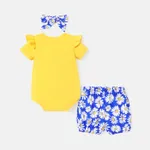 3pcs Baby Girl Cotton Short-sleeve Letter Graphic Romper and Allover Daisy Floral Print Bloomer Shorts & Headband Set  image 2
