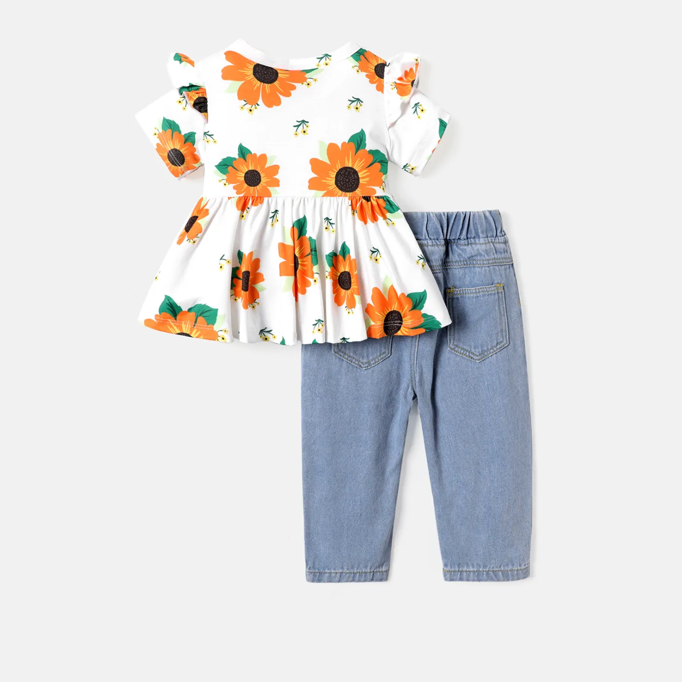 2pcs Baby Girl Floral Print Ruffle Short-sleeve Naia™ Top and Ripped Jeans Set White image 2