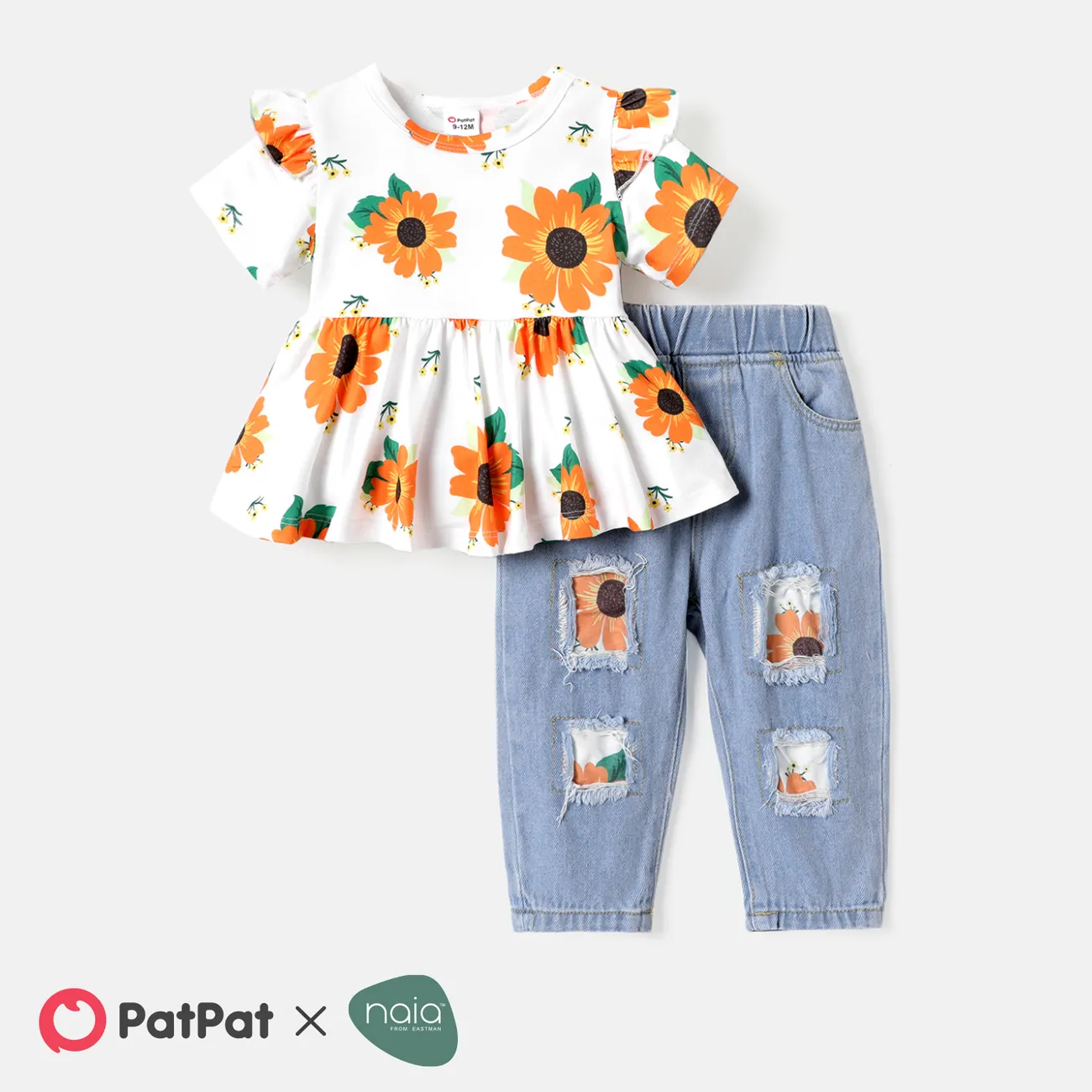 2pcs Baby Girl Floral Print Ruffle Short-sleeve Naia™ Top and Ripped Jeans Set  big image 1