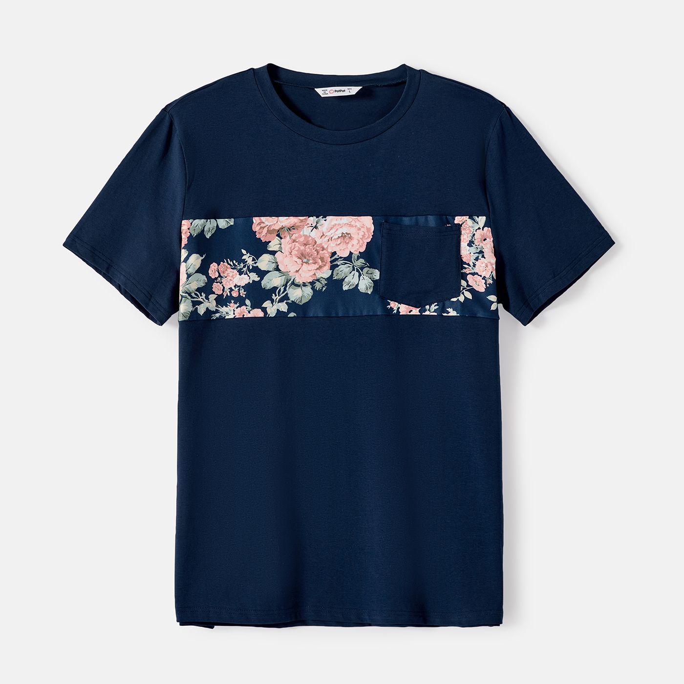 Family Matching Cotton Short-sleeve Spliced Tee and Allover Floral Print Flutter-sleeve Belted Dress