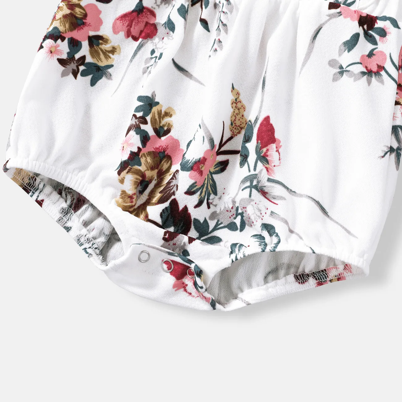All Over Floral Print White Halter Neck Off Shoulder Belted Romper Shorts for Mom and Me White big image 1