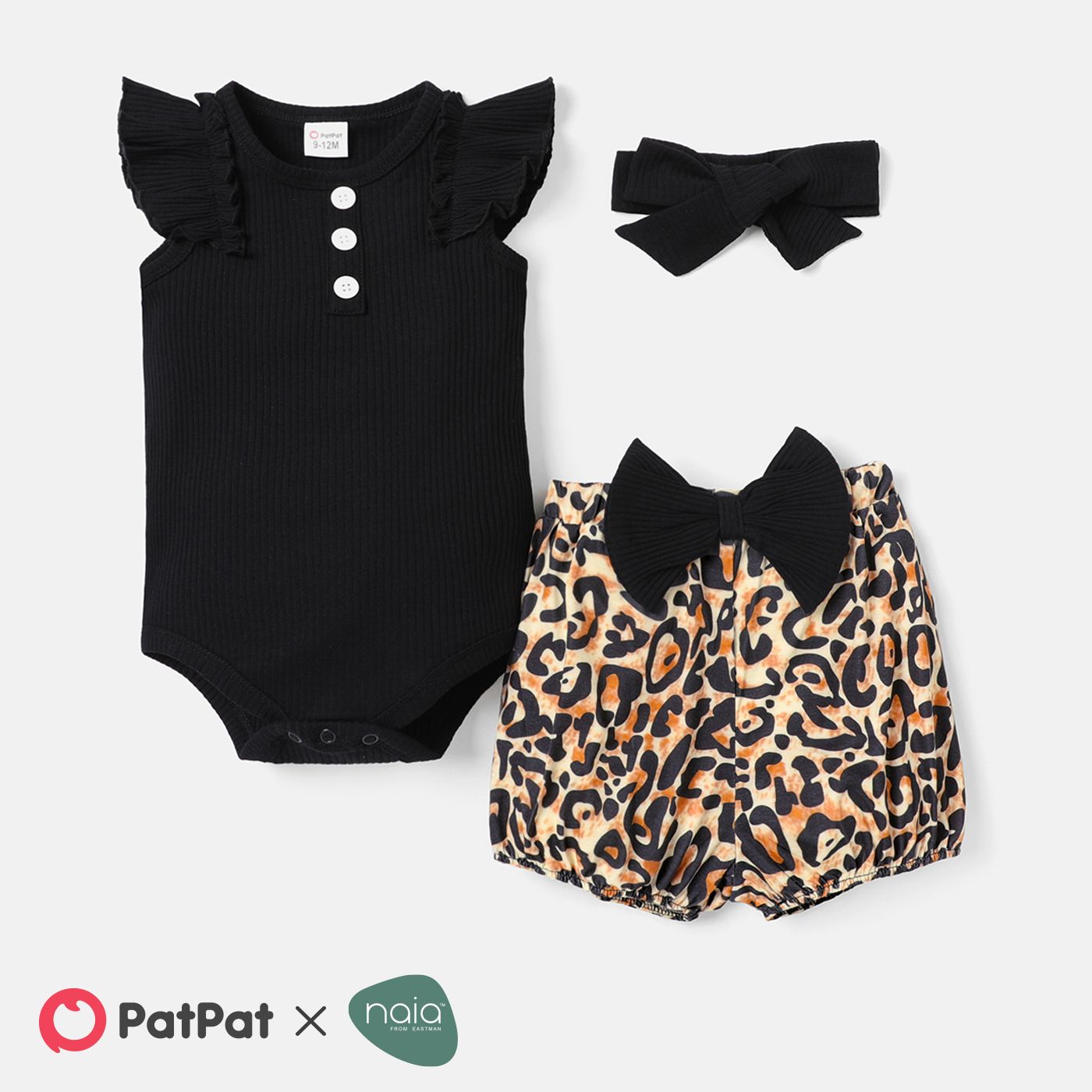 3pcs Baby Girl Solid Cotton Ribbed Flutter-sleeve Romper And Bow Front Leopard Print Naiaâ¢ Shorts & Headband Set