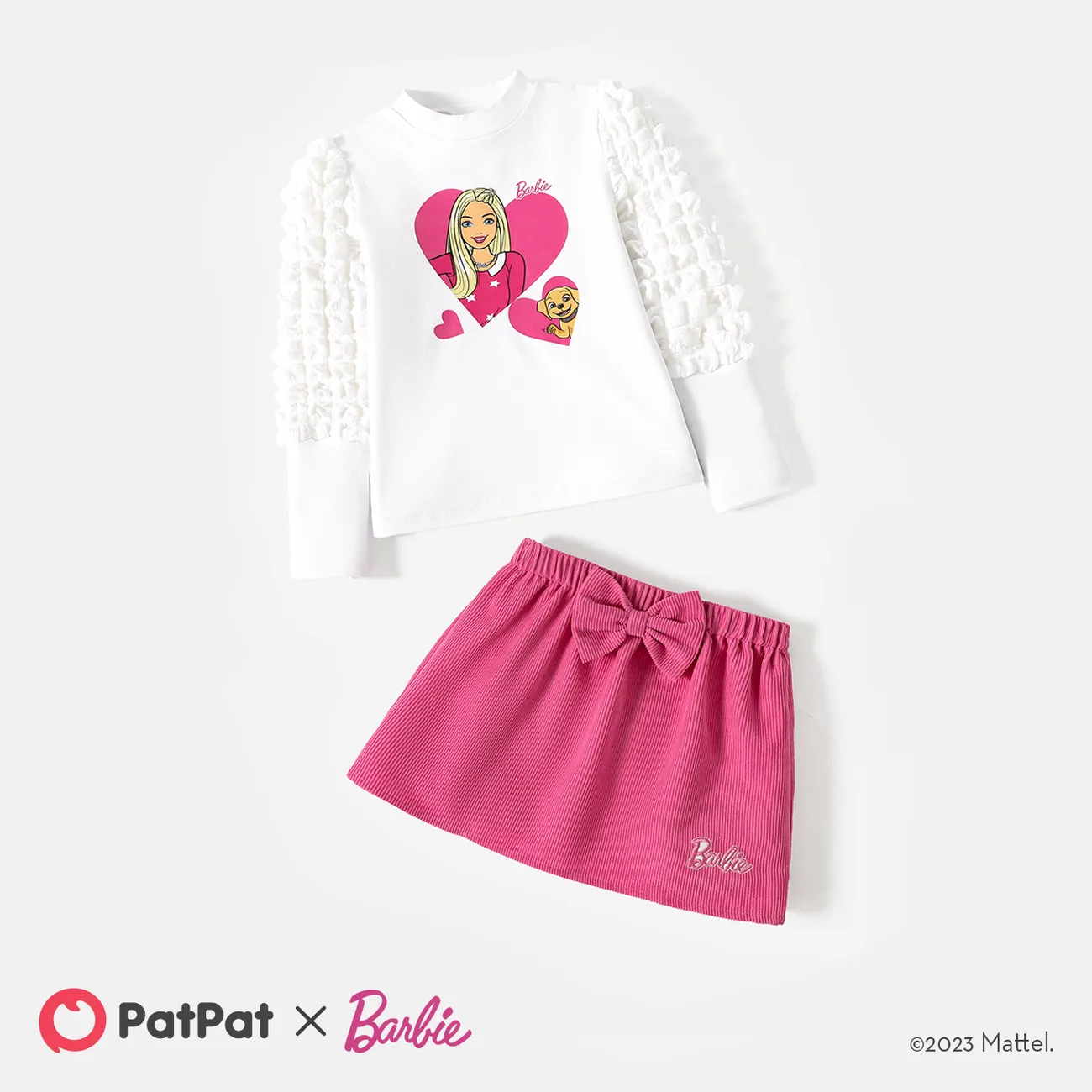 Barbie 2pcs Toddler Girl Textured Sleeve Cotton Sweatshirt and Bowknot Design Skirt Set White big image 1