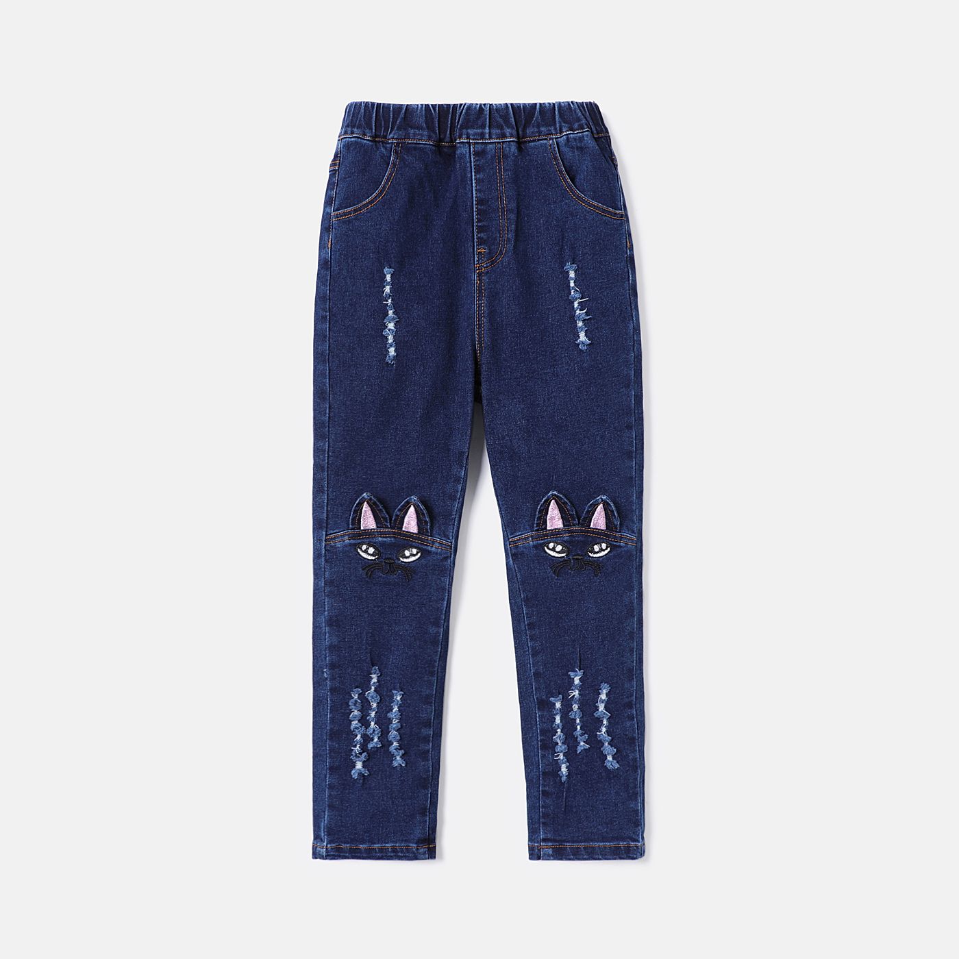 Kid Girl Kitty Embroidered Cotton Denim Jeans