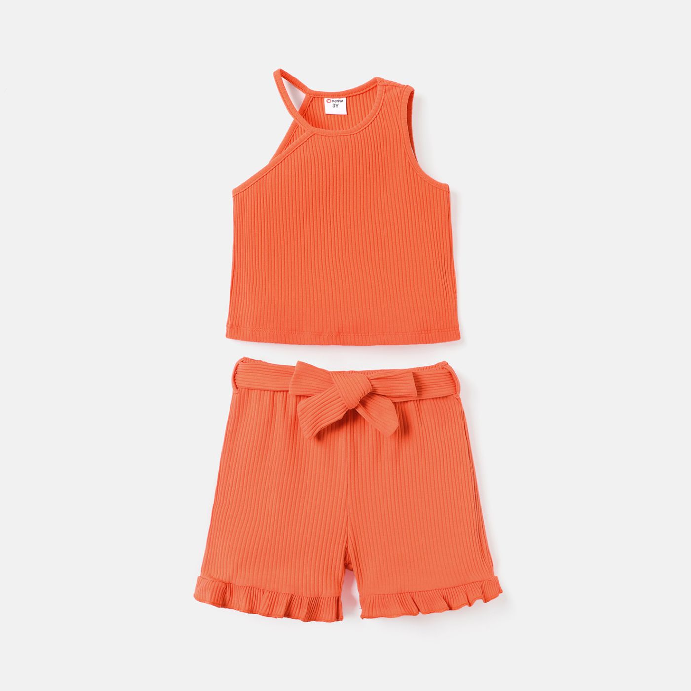 

2pcs Toddler Girl Solid Color One Shoulder Tank Top and Ruffled Belted Shorts Set