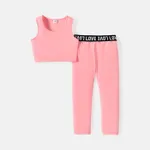 2pcs Kid Girl Solid Color Tank Top and Letter Print Leggings Set Pink