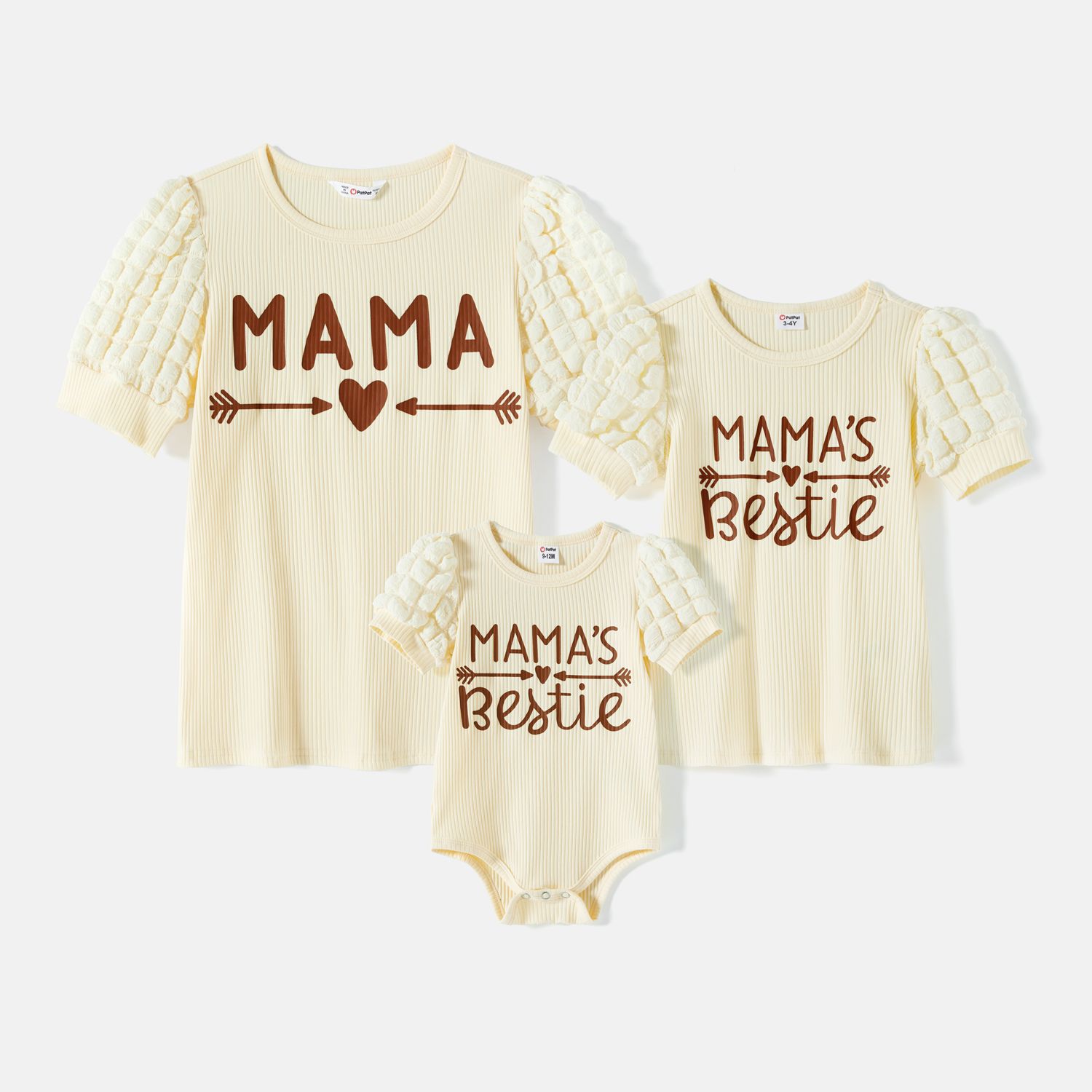 

Mommy and Me Letter Print Ribbed Spliced Puff-sleeve Tee