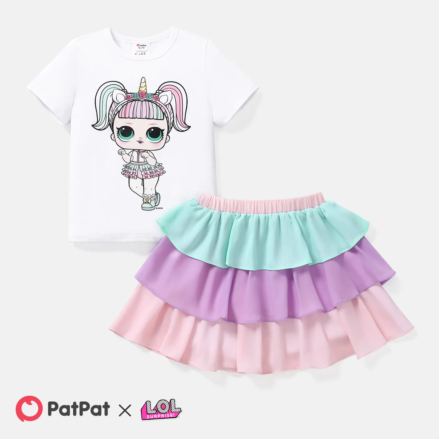 

L.O.L. SURPRISE! 2pcs Kid Girl Character Print Short-sleeve Cotton Tee and Colorblock Layered Skirt Set