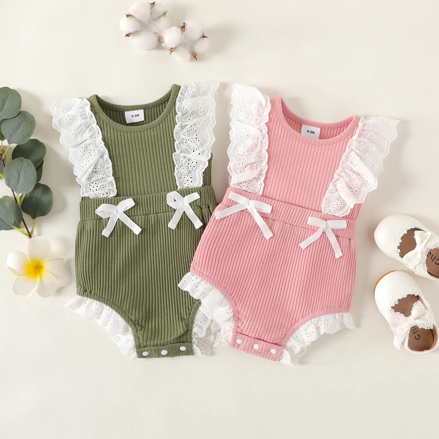 Baby Girl 95% Cotton Ribbed Ruffle Trim Bow Decor Tank Romper Green image 2