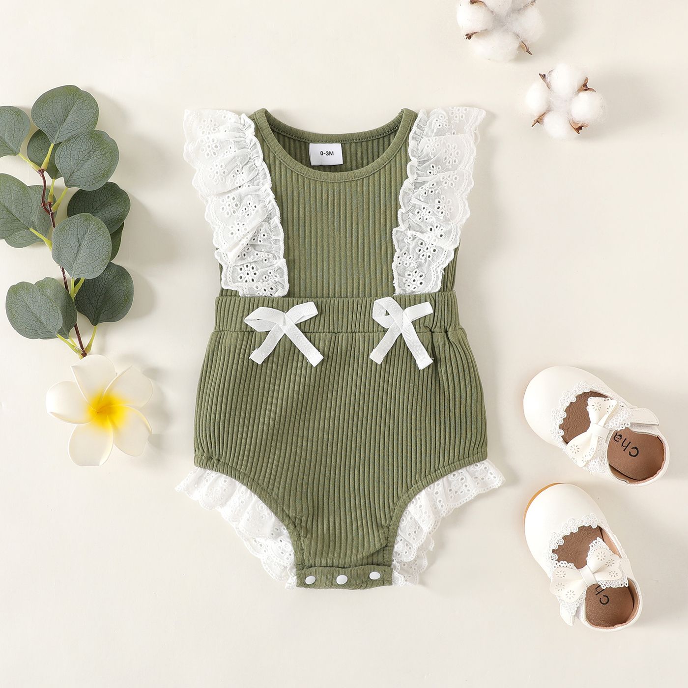 

Baby Girl 95% Cotton Ribbed Ruffle Trim Bow Decor Tank Romper