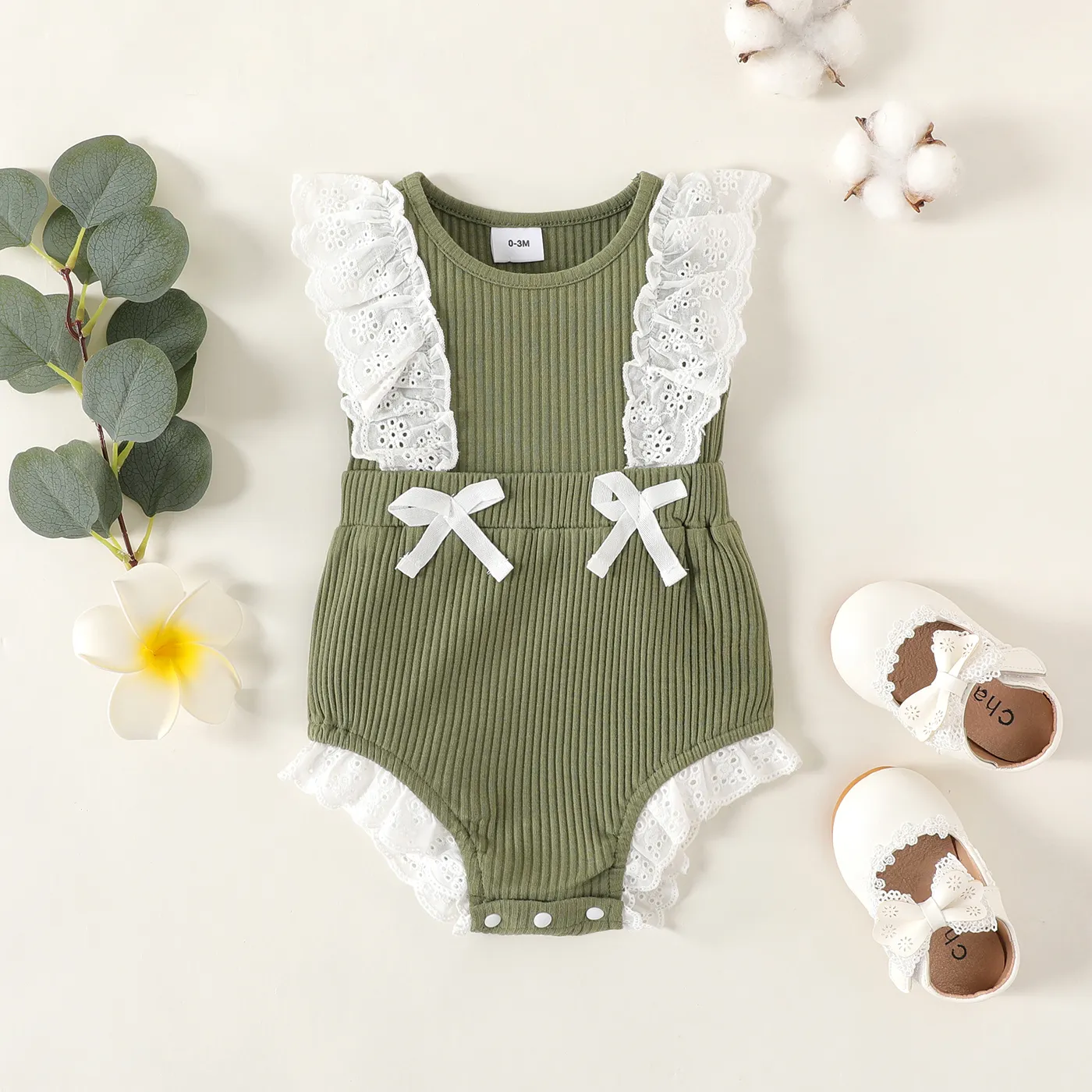 Baby Girl 95% Cotton Ribbed Ruffle Trim Bow Decor Tank Romper Green big image 1