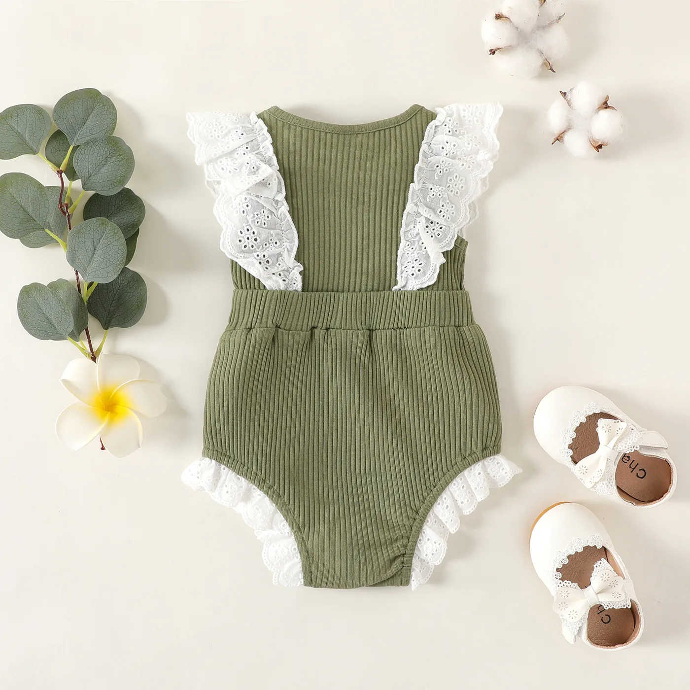 Baby Girl 95% Cotton Ribbed Ruffle Trim Bow Decor Tank Romper Green image 3