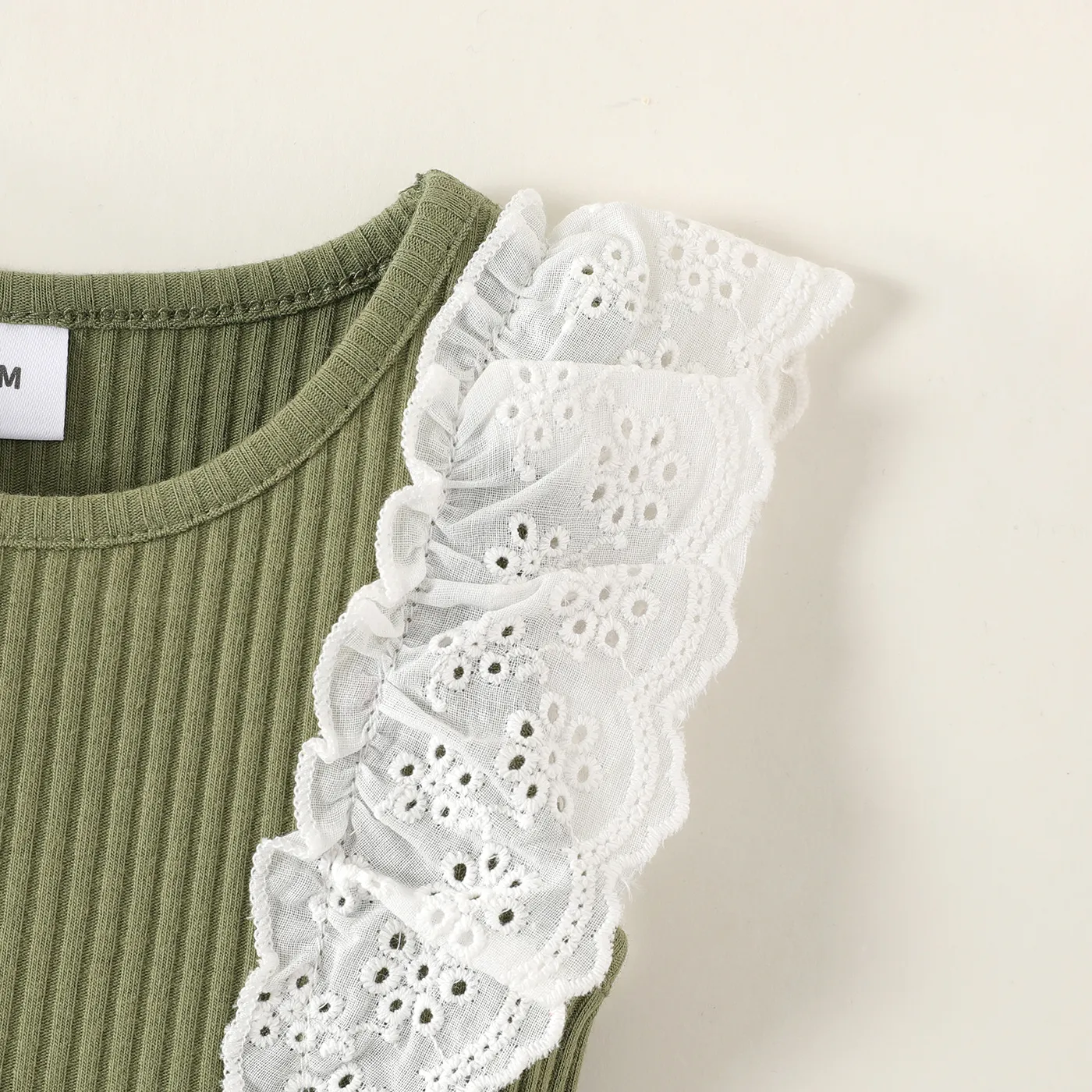 Baby Girl 95% Cotton Ribbed Ruffle Trim Bow Decor Tank Romper Green image 4
