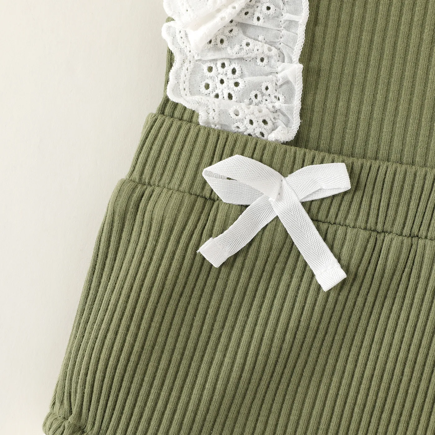Baby Girl 95% Cotton Ribbed Ruffle Trim Bow Decor Tank Romper Green image 5