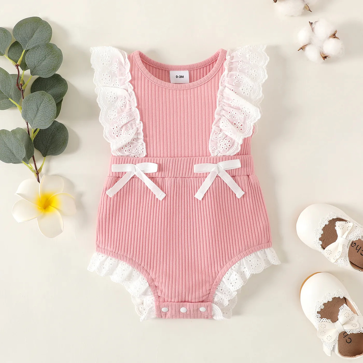 Baby Girl 95% Cotton Ribbed Ruffle Trim Bow Decor Tank Romper Pink
