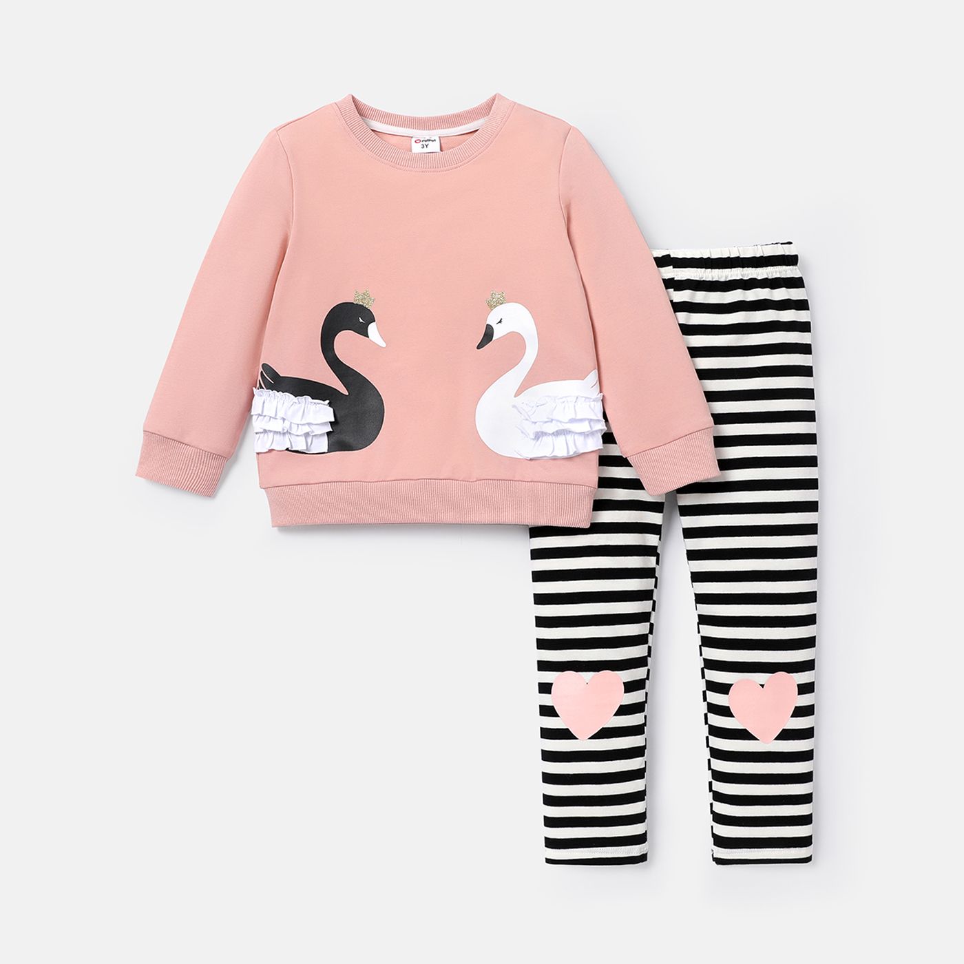 

2pcs Toddler Girl Swan Print Cotton Sweatshirt and Stripe Leggings Set