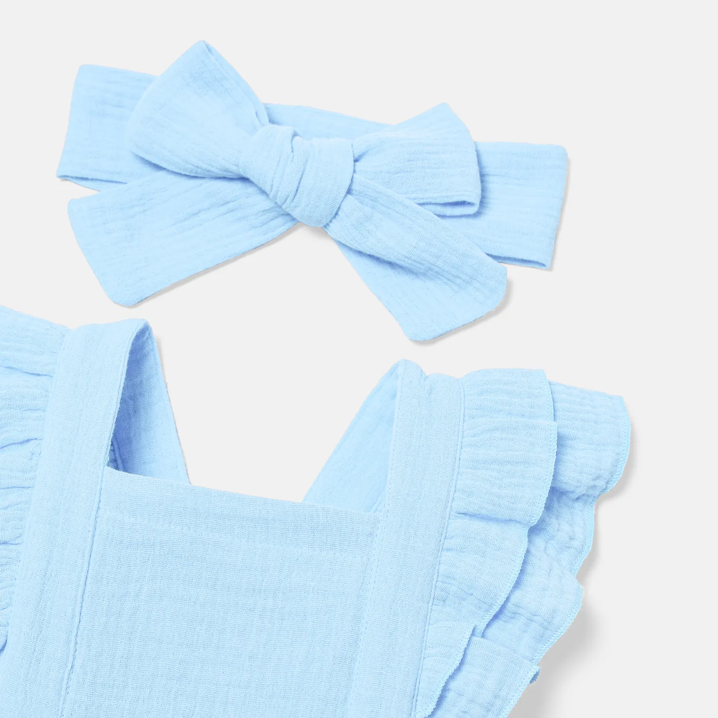 2pcs Baby Girl 100% Cotton Crepe Solid Layered Ruffle Trim Romper & Headband Set Sky blue image 3