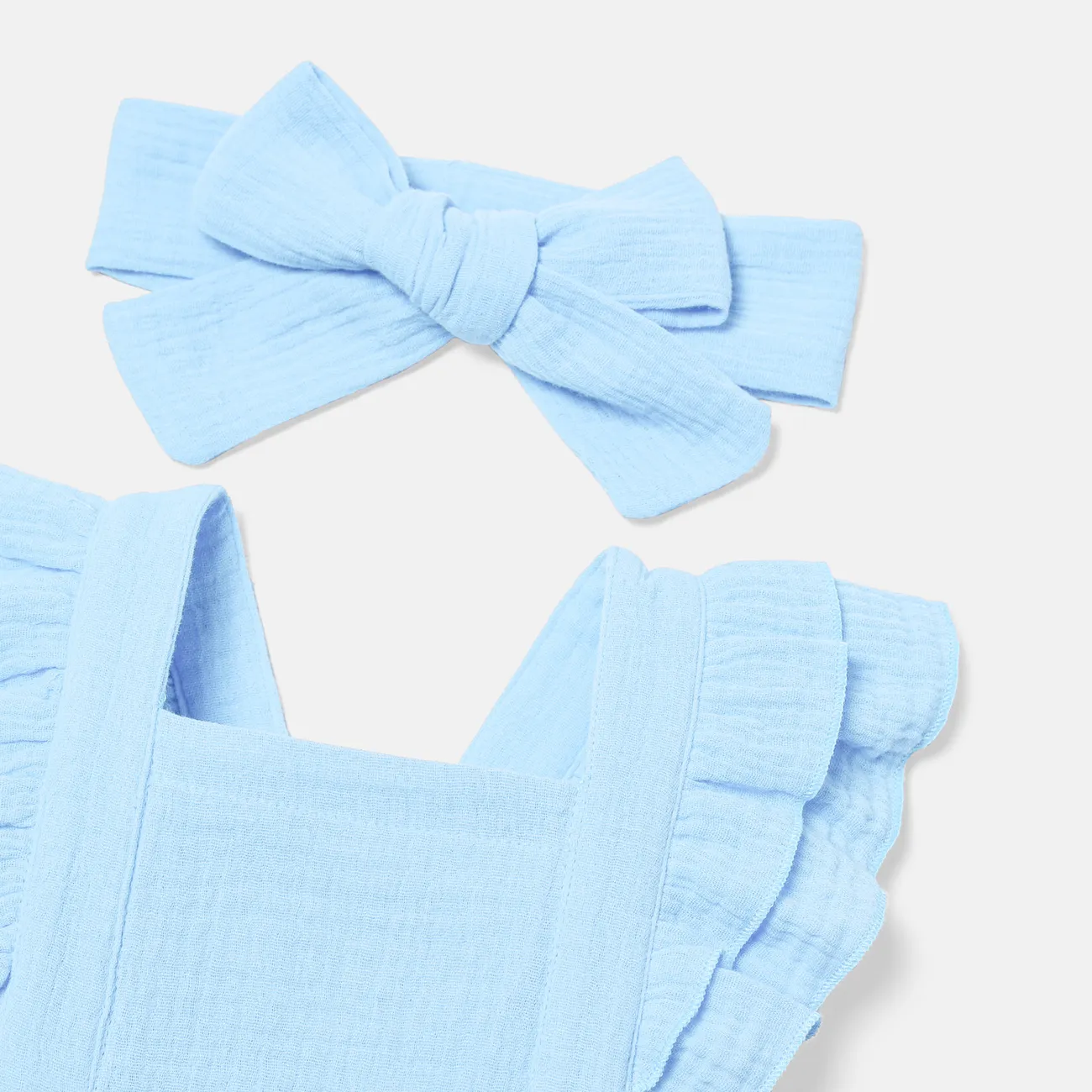 2pcs Baby Girl 100% Cotton Crepe Solid Layered Ruffle Trim Romper & Headband Set Sky blue big image 1