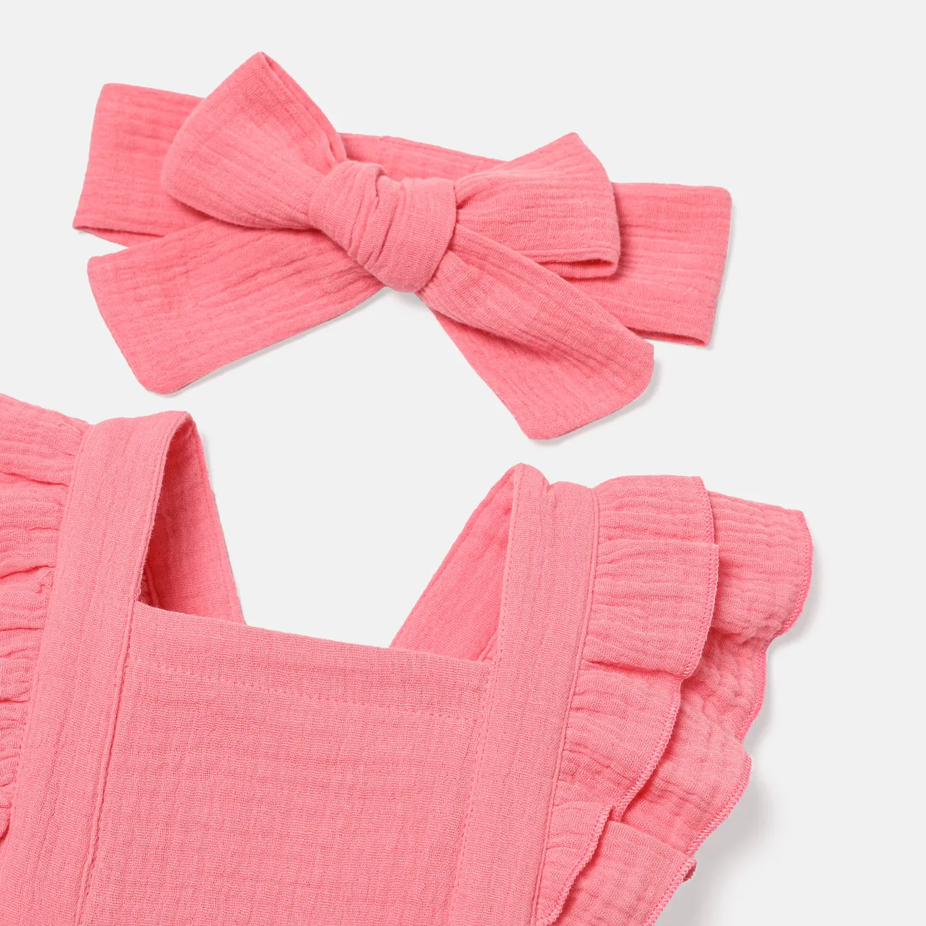 2pcs Baby Girl 100% Cotton Crepe Solid Layered Ruffle Trim Romper & Headband Set Pink big image 1