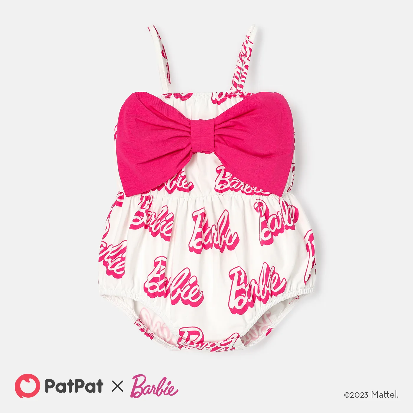 Barbie Baby Girl 95% Cotton Allover Letter Print Bow Front Cami Romper PinkyWhite