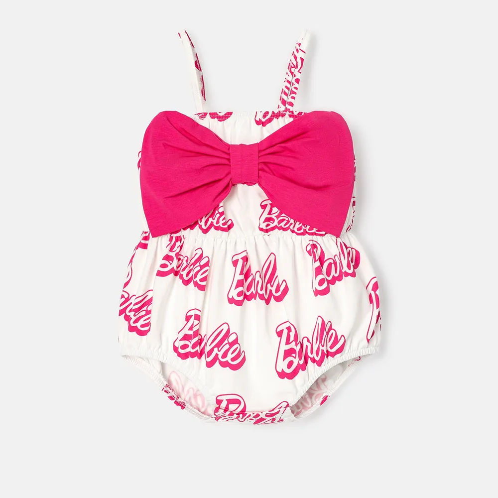 Barbie Baby Girl 95% Cotton Allover Letter Print Bow Front Cami Romper big image 8