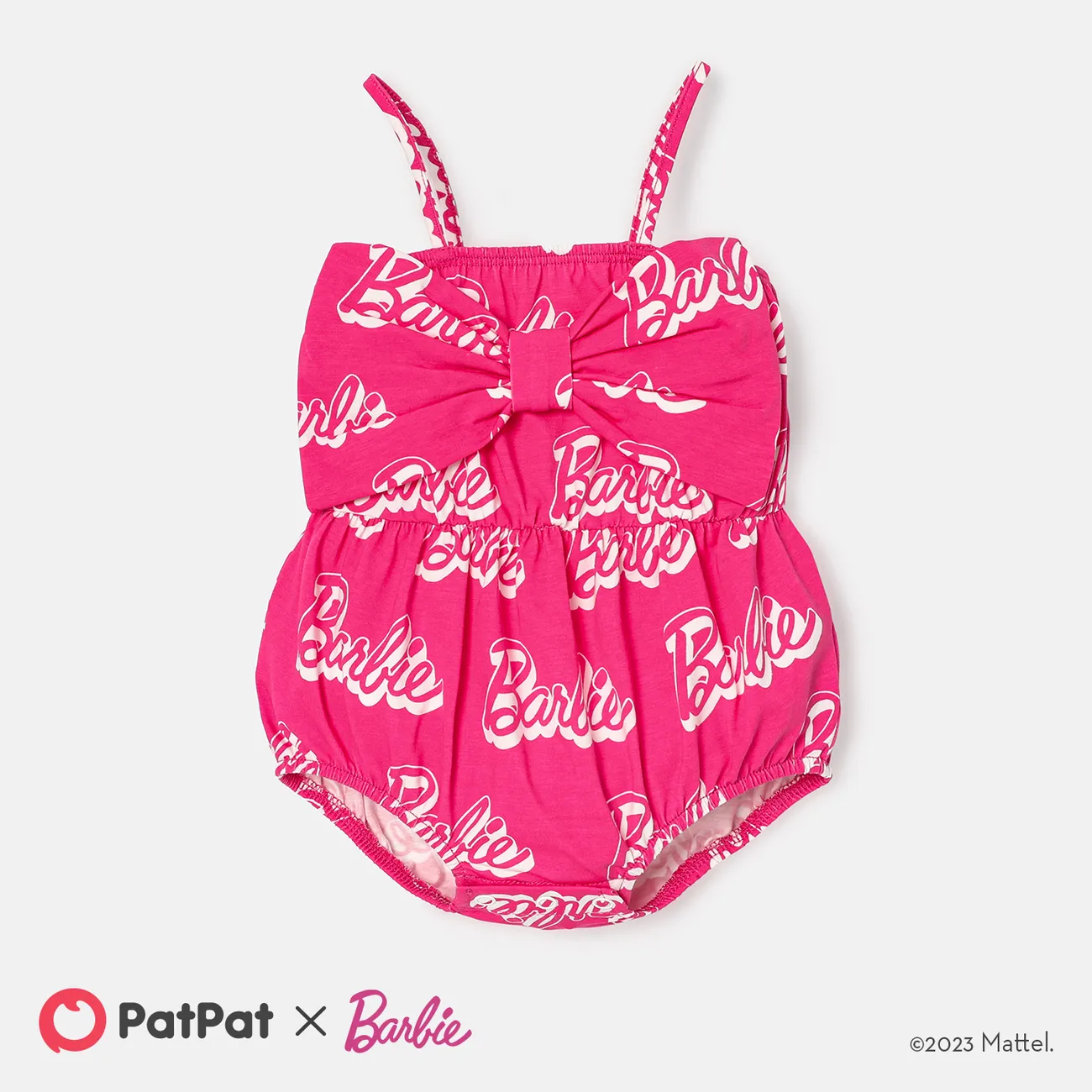 Barbie Baby Girl 95% Cotton Allover Letter Print Bow Front Cami Romper Pink big image 1