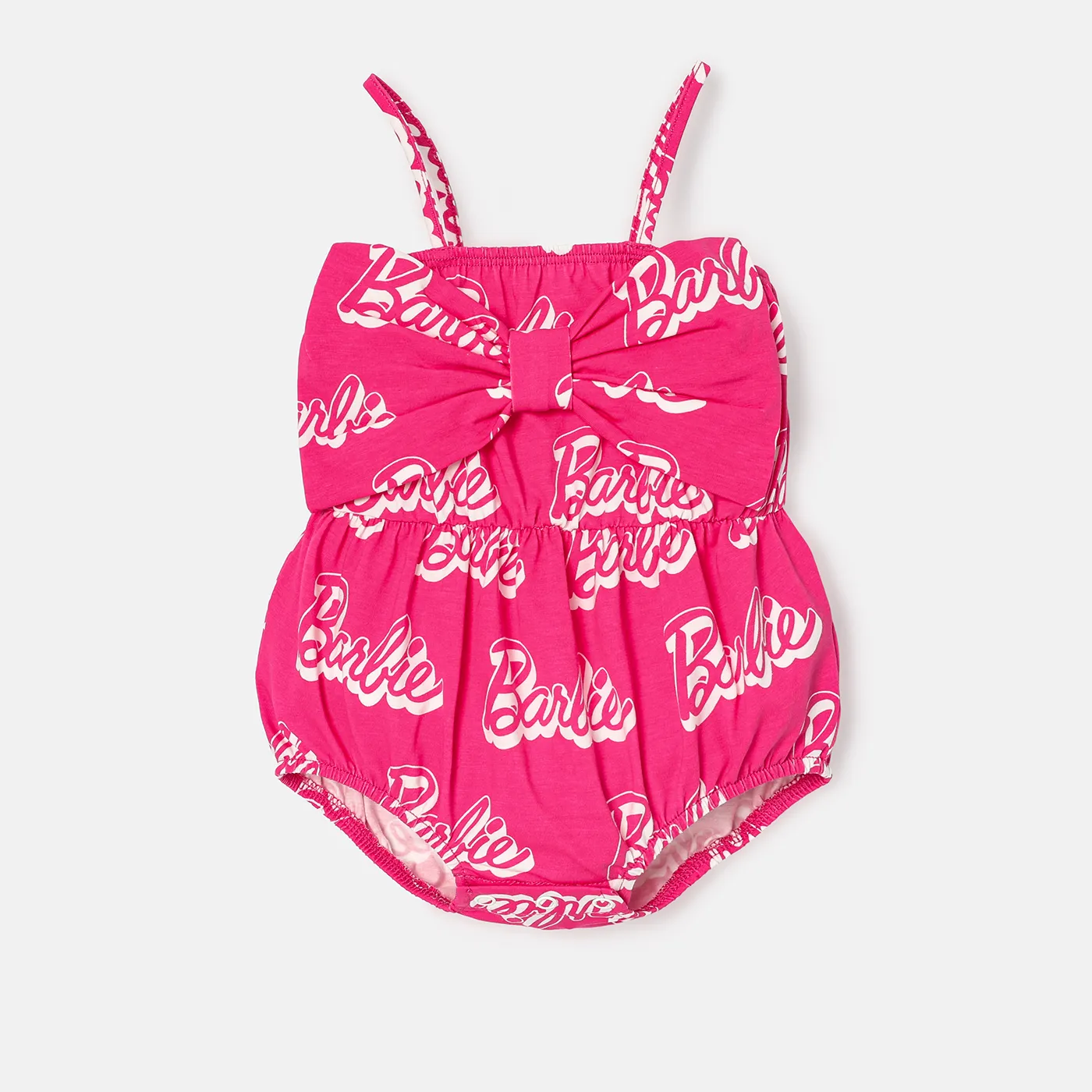 Barbie Baby Girl 95% Cotton Allover Letter Print Bow Front Cami Romper Pink image 6