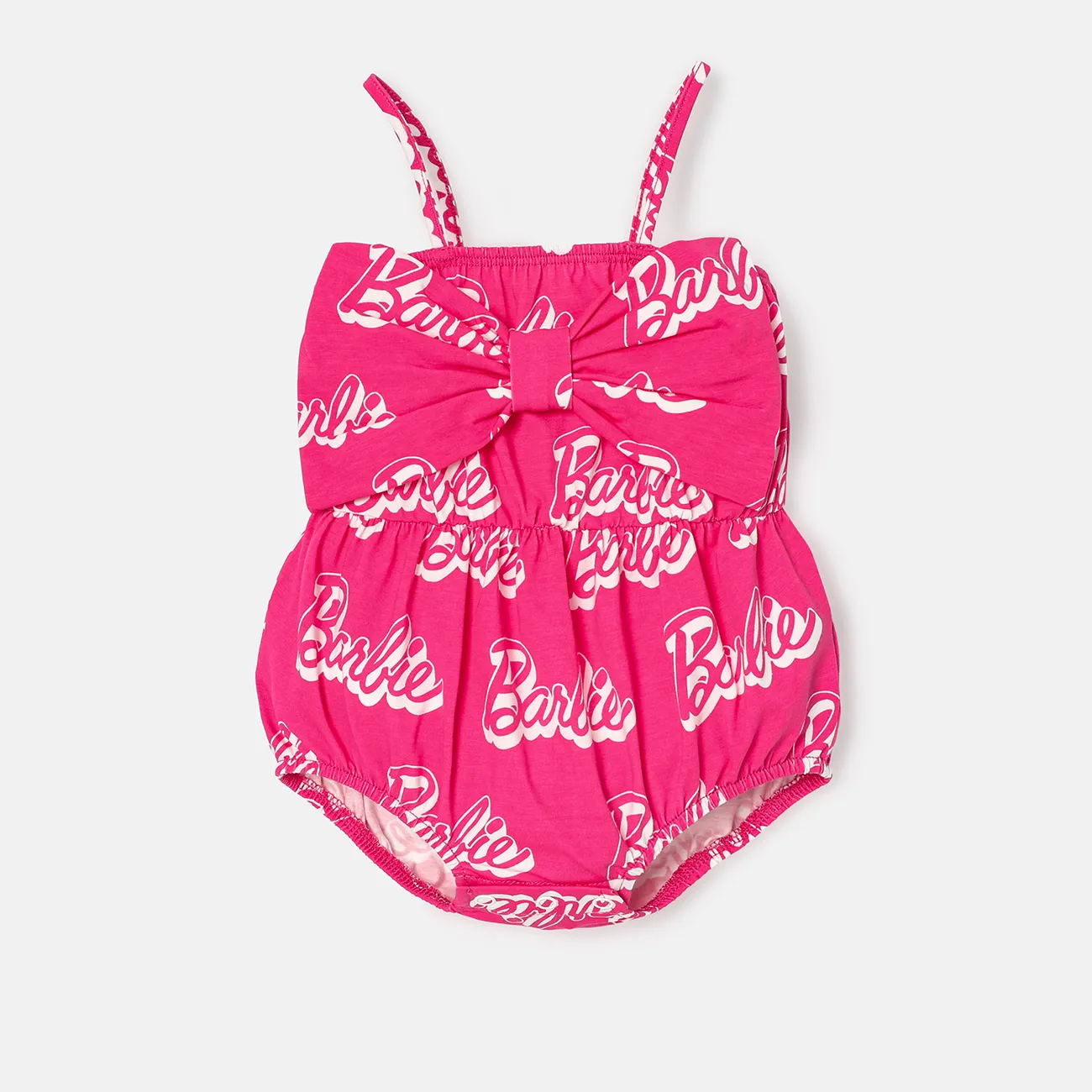 Barbie Baby Girls 1pc 95% Cotton Allover Letter Print Bow Front Cami Romper  Pink big image 1