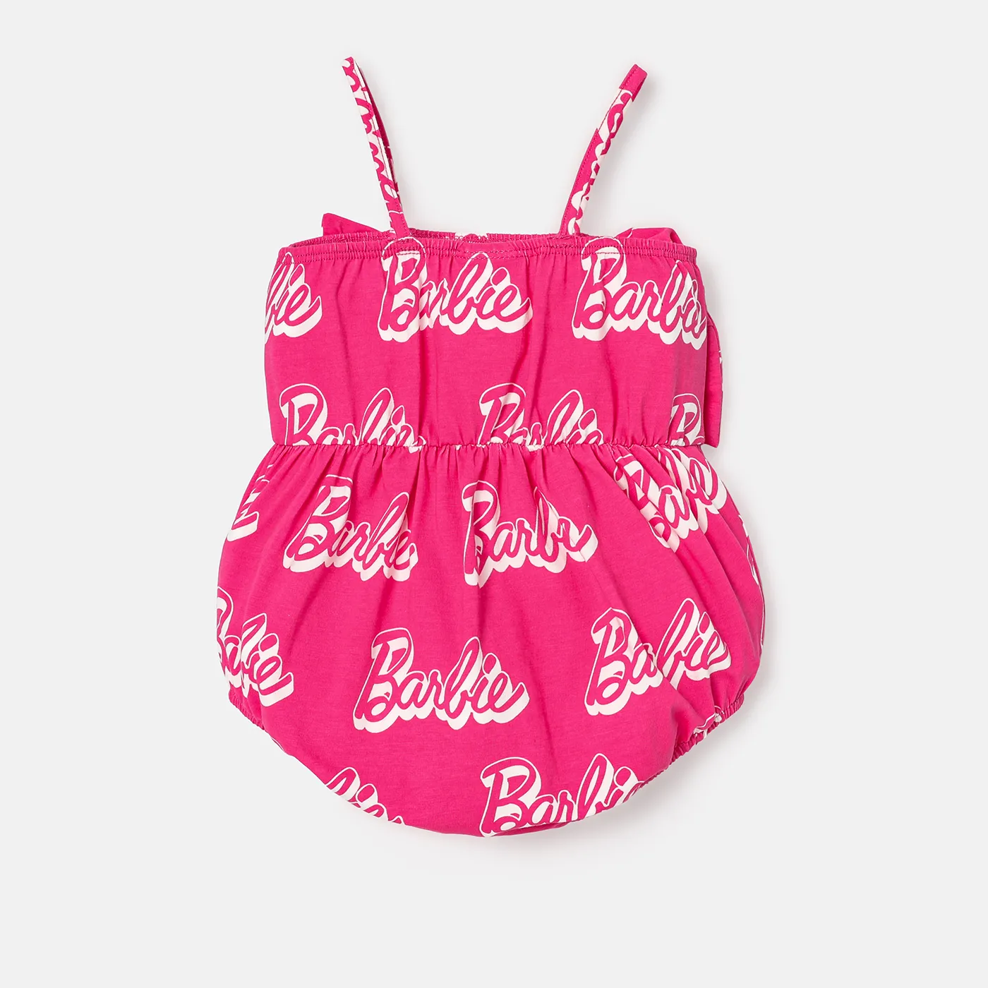 Barbie Baby Girl 95% Cotton Allover Letter Print Bow Front Cami Romper Pink image 2